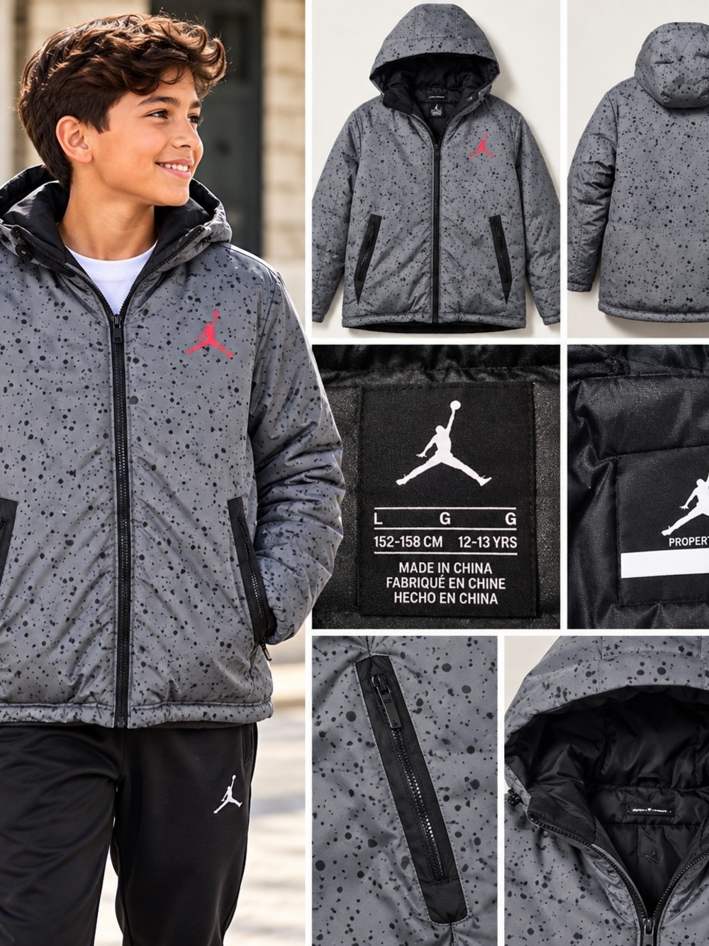Jordan Gray Speckled Puffer Jacket with Red Jumpman